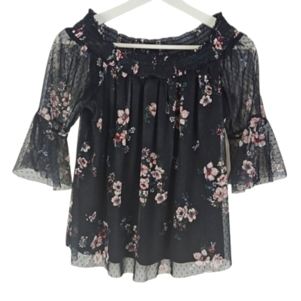 Mesh & Floral Top in Black and Pink, L